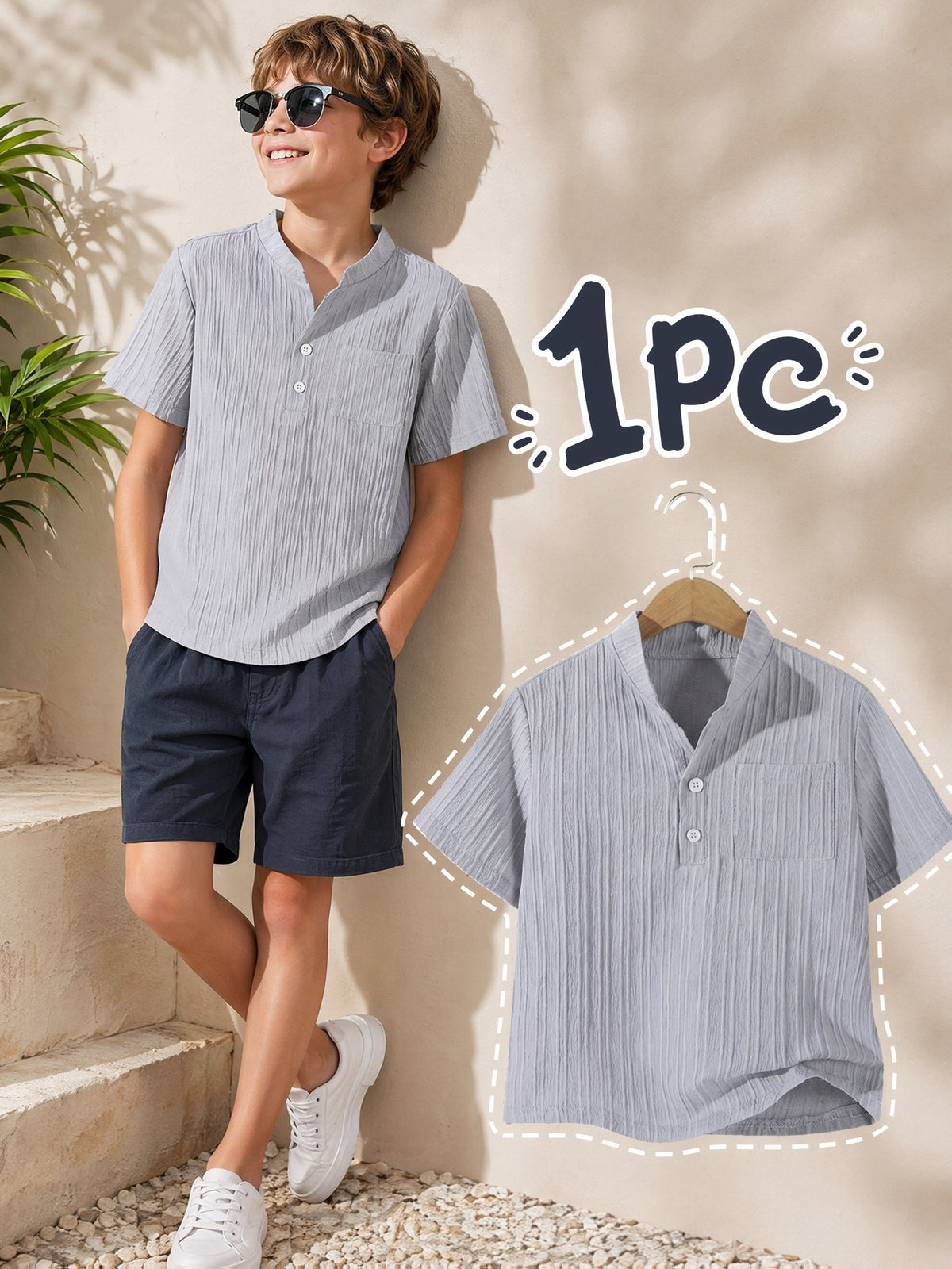 Boys' Casual Button-Up Short Sleeve Shirt with Cardigan Collar - ayq