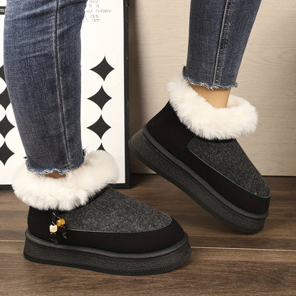 Women's Chunky Platform Winter Snow Boots with Plush Faux -Like Collar & Thick Rubber Sole - Beige/Dark Grey Round-Toe Traction for Ice, Snow, Slush - Cozy Casual & Formal Wear (Golden Buckle Accent)