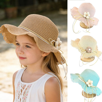 Kids' Paper Straw Hat with Lace Trim & Flower, Adjustable Strap