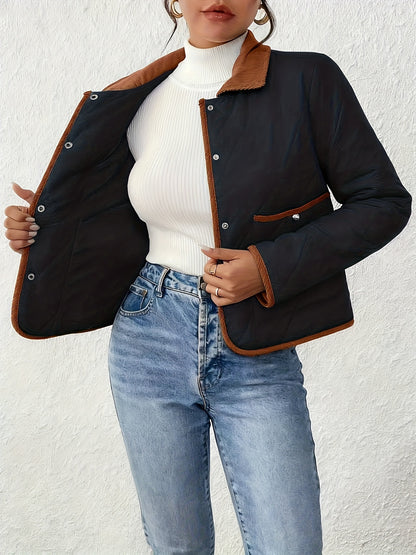 Women's Fashion Elegant Two-Tone Fabric Short Jacket, Color-Block Lapel Collar, Long Sleeve, Suitable for All Occasions, Autumn and Winter