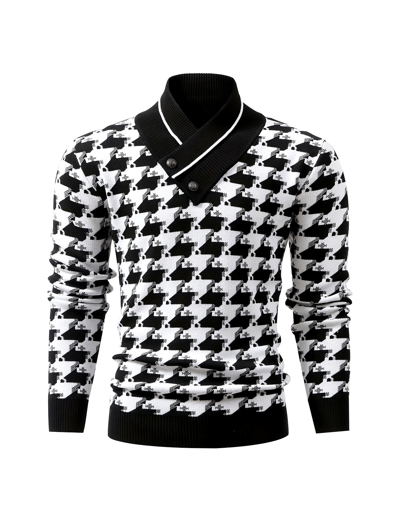 Temujin OBM Men's Fashion New Houndstooth Jacquard Knit Long Sleeve Pullover Sweater