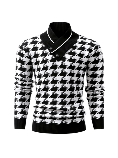 Temujin OBM Men's Fashion New Houndstooth Jacquard Knit Long Sleeve Pullover Sweater