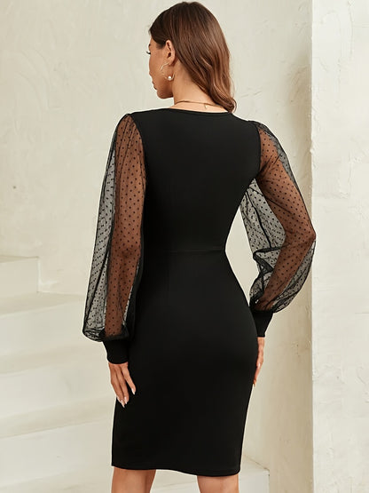 Black Dress with Contrast Mesh Polka Dots, Lantern Sleeves, and Split Hem [Niannian]
