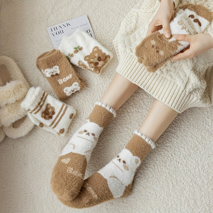 5 Pairs Women'S Cozy Fleece-Lined Mid-Calf Socks with Adorable Cartoon Bear Design - Thick, Warm, Breathable, and Soft for Home Comfort, Perfect for Fall and Winter, Cozy Home Wear | Playful Sock Design | Soft Fleece Lining,