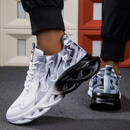 Men's Breathable Athletic Sneakers - Non-Slip, Stylish Black  White Gradient Geometric Design, Comfortable Casual Shoes with Elastic Sole for Casual Attire