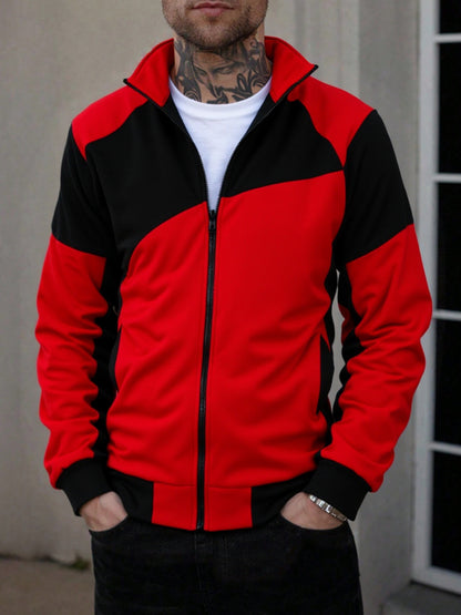 Men's Slim Fit Color Block Zip-Up Jacket with Stand Collar