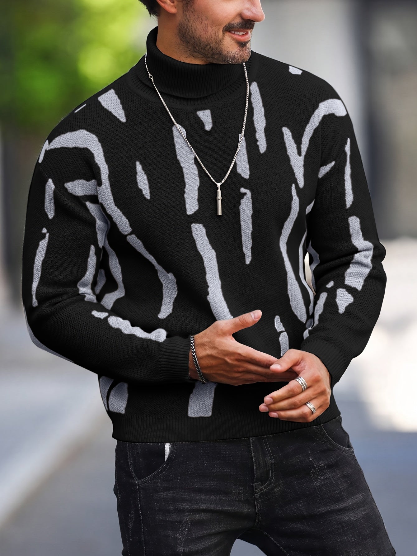 Men's Zebra Stripe Knit Sweater - High Neck Winter Pullover with Zebra Stripes, Warm Casual Sweaters for Weather, Hand Washable Fall/Winter Wardrobe Essential (Regular Fit) - ayq