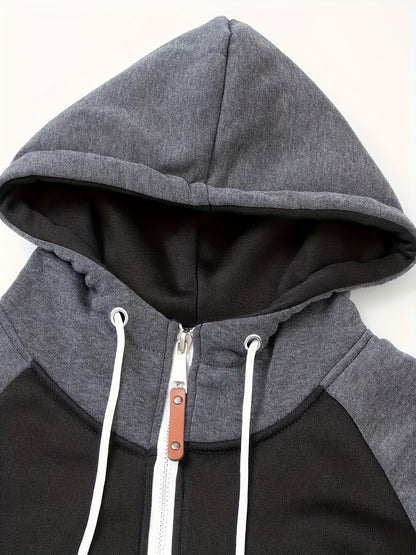 Men'S Stylish Color Block Hoodie - Casual Zip-Up Hooded Sweatshirt with Front Pockets, Long Sleeves, and Ribbed Cuffs - Maroon & Black Design, Comfortable for Fall and Winter Wear