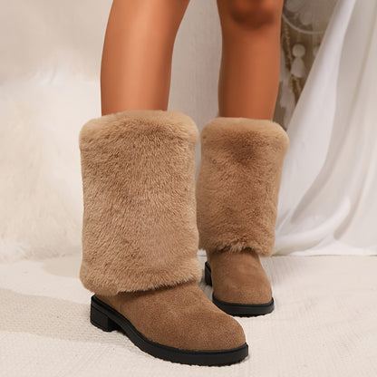 Women's Fashion Solid Color Mid-Calf Fluffy Boots with Slip-On Closure, Plain Toe Platform Heel, Comfy & Warm Fabric-Lined Winter Footwear - TPR Sole, Mid Heel, European Special from Huizhou