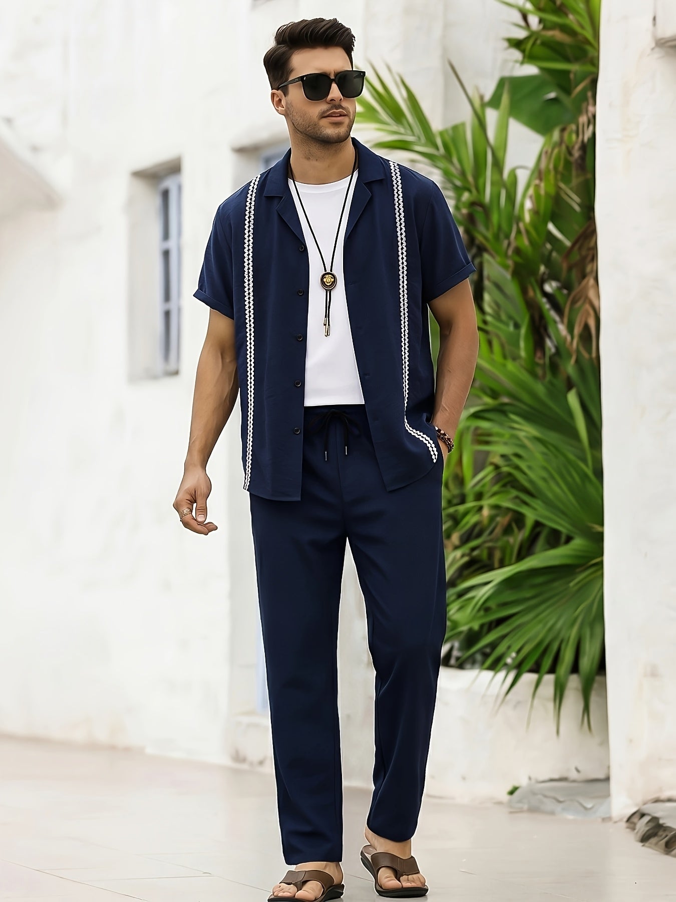 Men's Summer Linen-Texture Vacation Set with Cuban Collar