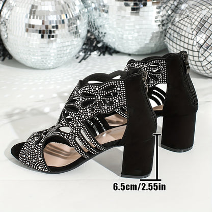 Elegant Black Floral Cut-Out High Heel Sandals for Women - Round Toe Block Heel with Zipper Closure, Ankle Strap, and Rhinestone Embellishments, Perfect for Parties and Formal Events, Formal Footwear   Floral Embellished Shoe