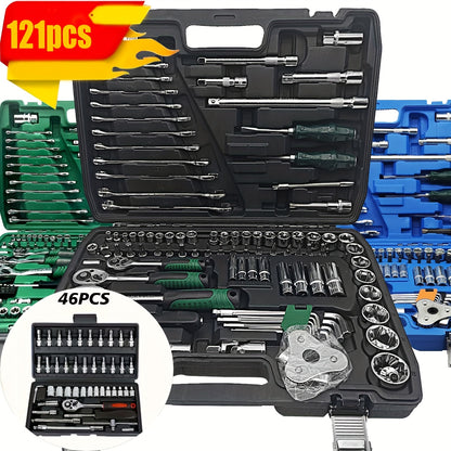 Black 46 and 121pcs of household car repair kit with plastic storage box, motorcycle repair kit, outdoor bicycle emergency bicycle repair tool, including hex wrench, universal joint, screwdriver, extension piece, slider