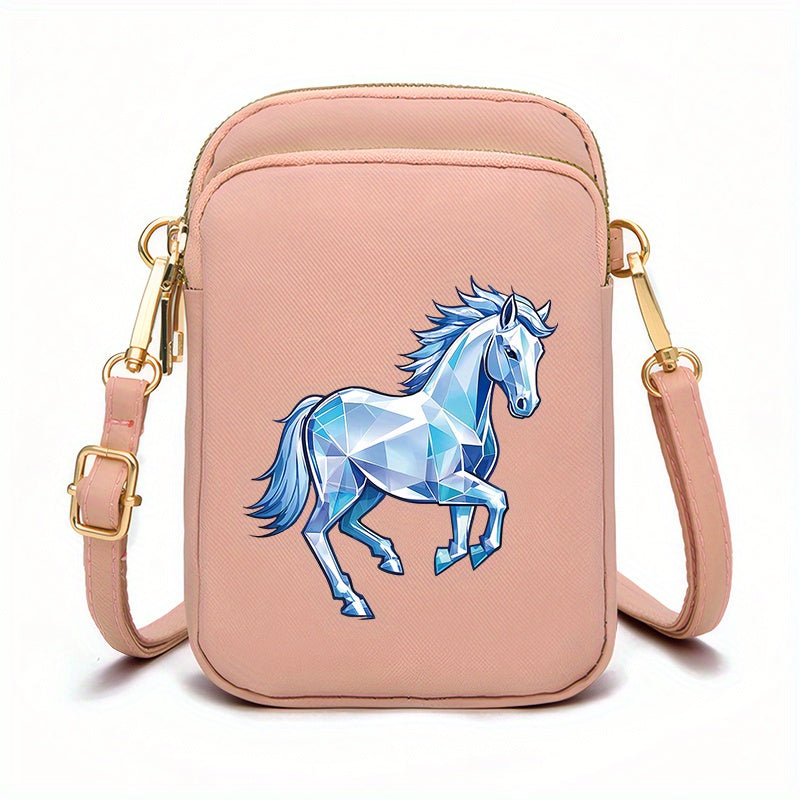 1pc Women's Horse Pattern Crossbody Bag - Compact Zipper Closure Polyester Phone Purse with Adjustable Strap, Pink/Navy/Black for Everyday Essentials & Makeup, Mini Purse
