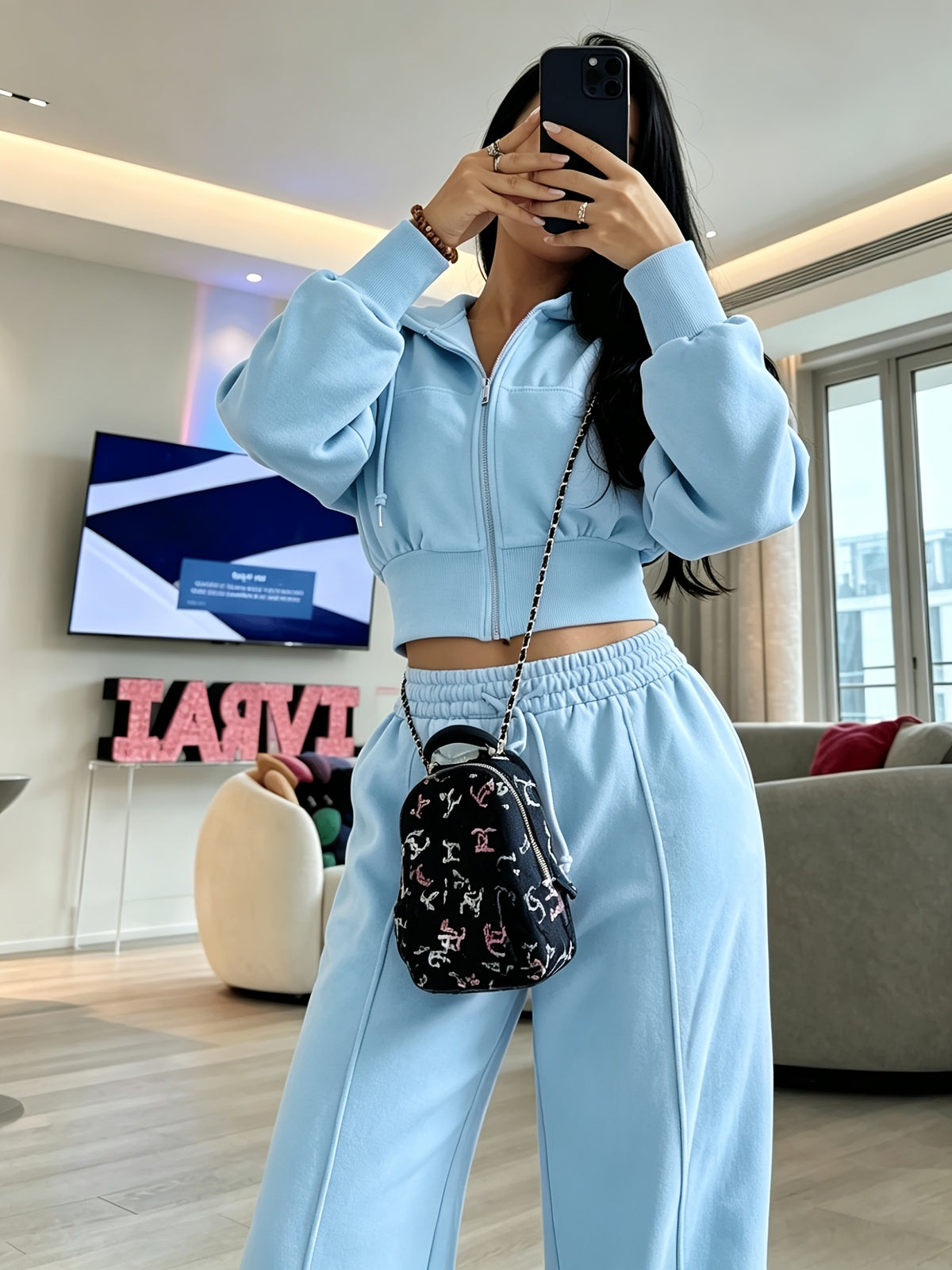 Women's Loose Cropped Hoodie Set with Matching Pants