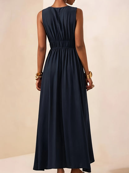 Elegant Summer V-Neck Beaded Sleeveless Waist-Cinching Dress
