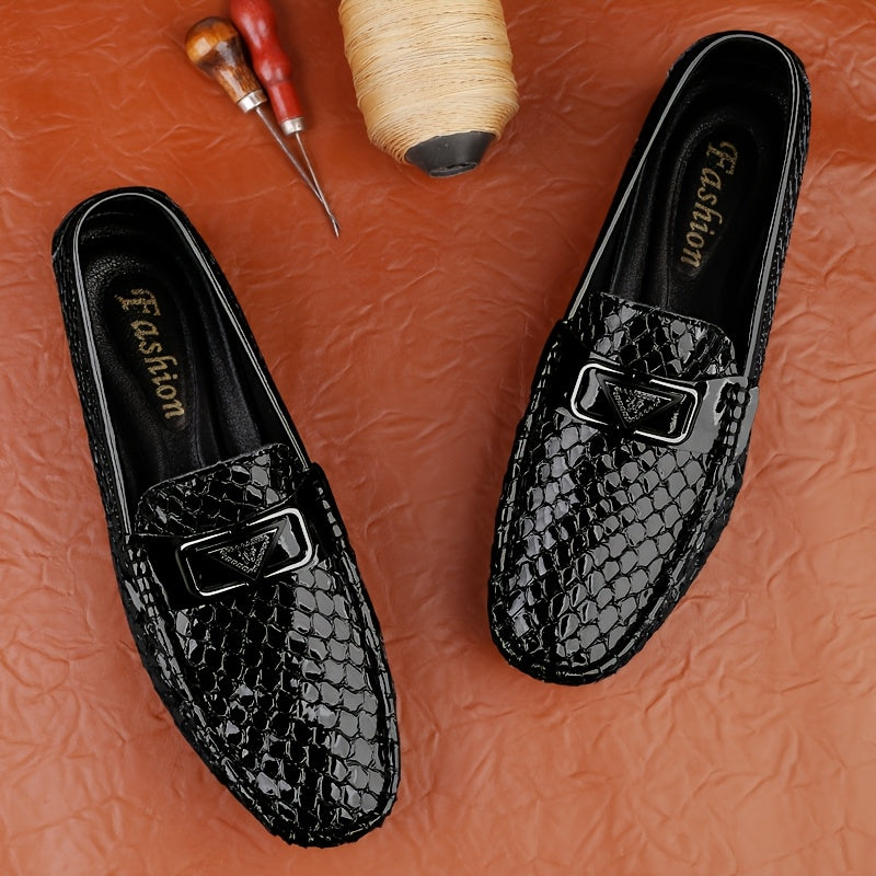Men's Trendy Faux Snake Skin Loafers with Metal Buckle, Soft Sole