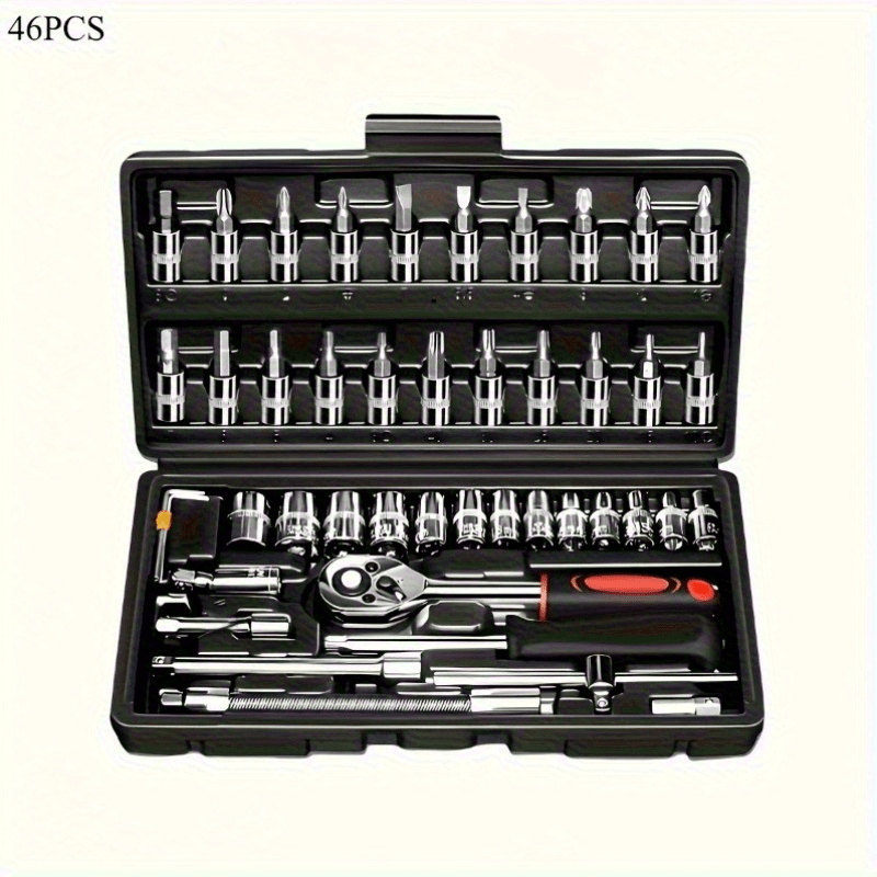 46pcs Heavy-Duty Stainless Steel Tool Set with Precision Ratchet Wrench, Screwdriver Bits & Sockets - All-in-One Mechanic'S Tool Kit with Impact-Resistant, Ergonomic Handle & Storage For Auto, Home