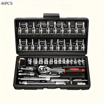 46pcs Heavy-Duty Stainless Steel Tool Set with Precision Ratchet Wrench, Screwdriver Bits & Sockets - All-in-One Mechanic'S Tool Kit with Impact-Resistant, Ergonomic Handle & Storage For Auto, Home