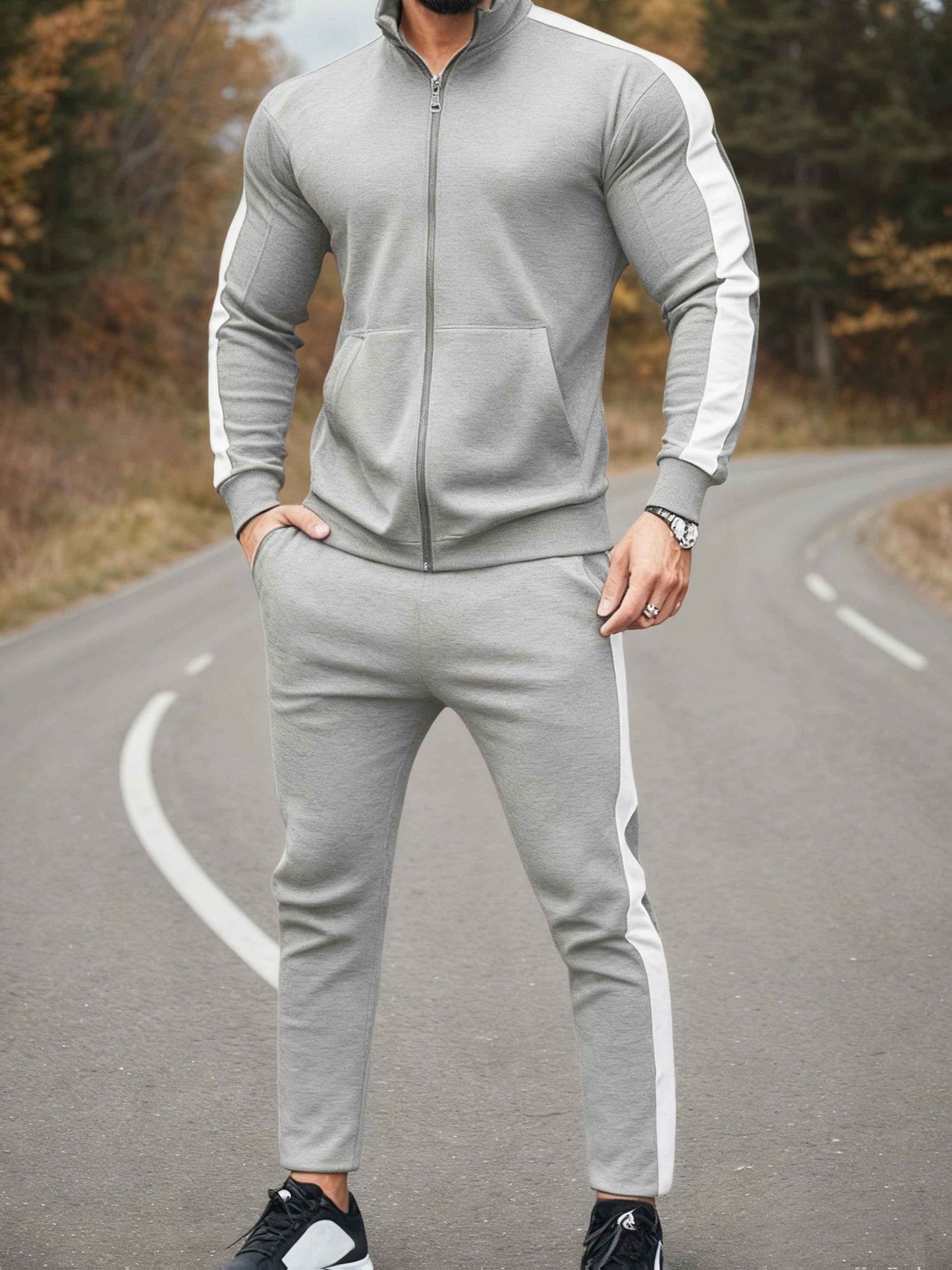 Men's Casual Athletic Tracksuit Set with Stretch Polyester