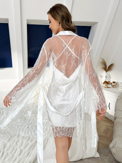 Women's Lace Patchwork Faux Fur Four-Season Nightgown and Dress 2pcs Set