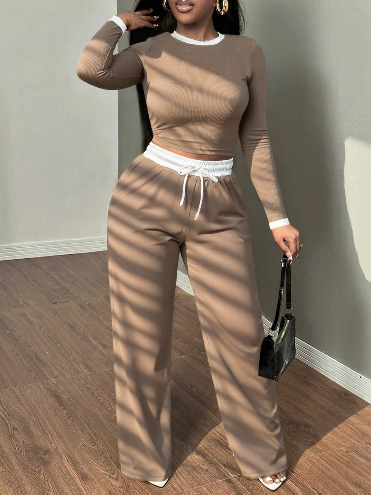 Women’s Casual Color-Block Long Sleeve Top & High-Waist Pants Set - ayq