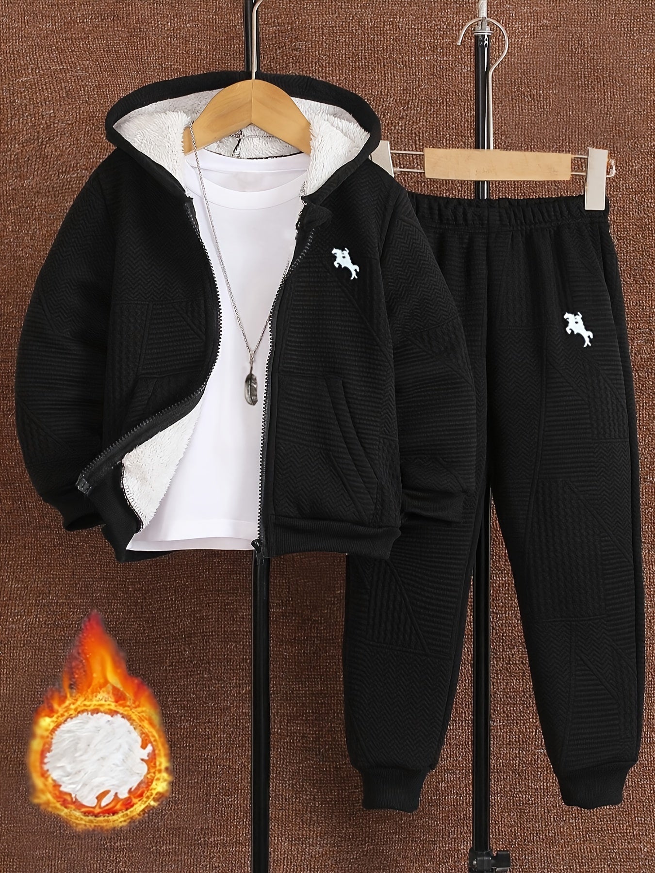 2pcs Boys' Casual Outfit Set, Long Sleeve Hooded Jacket with Embroidery and Zipper, Geometric Pattern Knit Pants, Polyester with Spandex Lining, Regular Fit for Autumn/Winter, for Outdoor