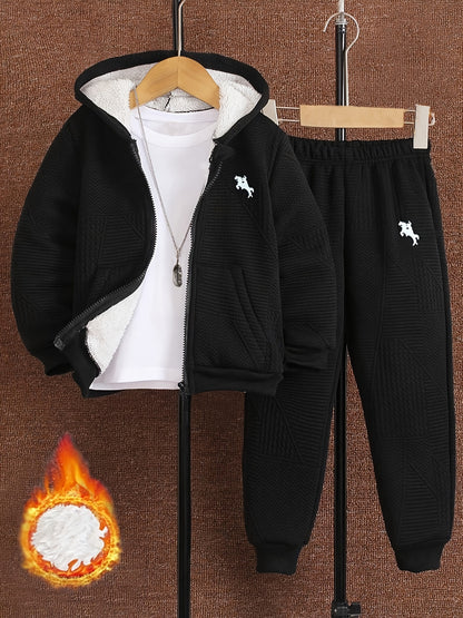 2pcs Boys' Casual Outfit Set, Long Sleeve Hooded Jacket with Embroidery and Zipper, Geometric Pattern Knit Pants, Polyester with Spandex Lining, Regular Fit for Autumn/Winter, for Outdoor