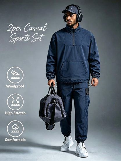 Men's Windproof Nylon Athletic Tracksuit Set with Cargo Pants