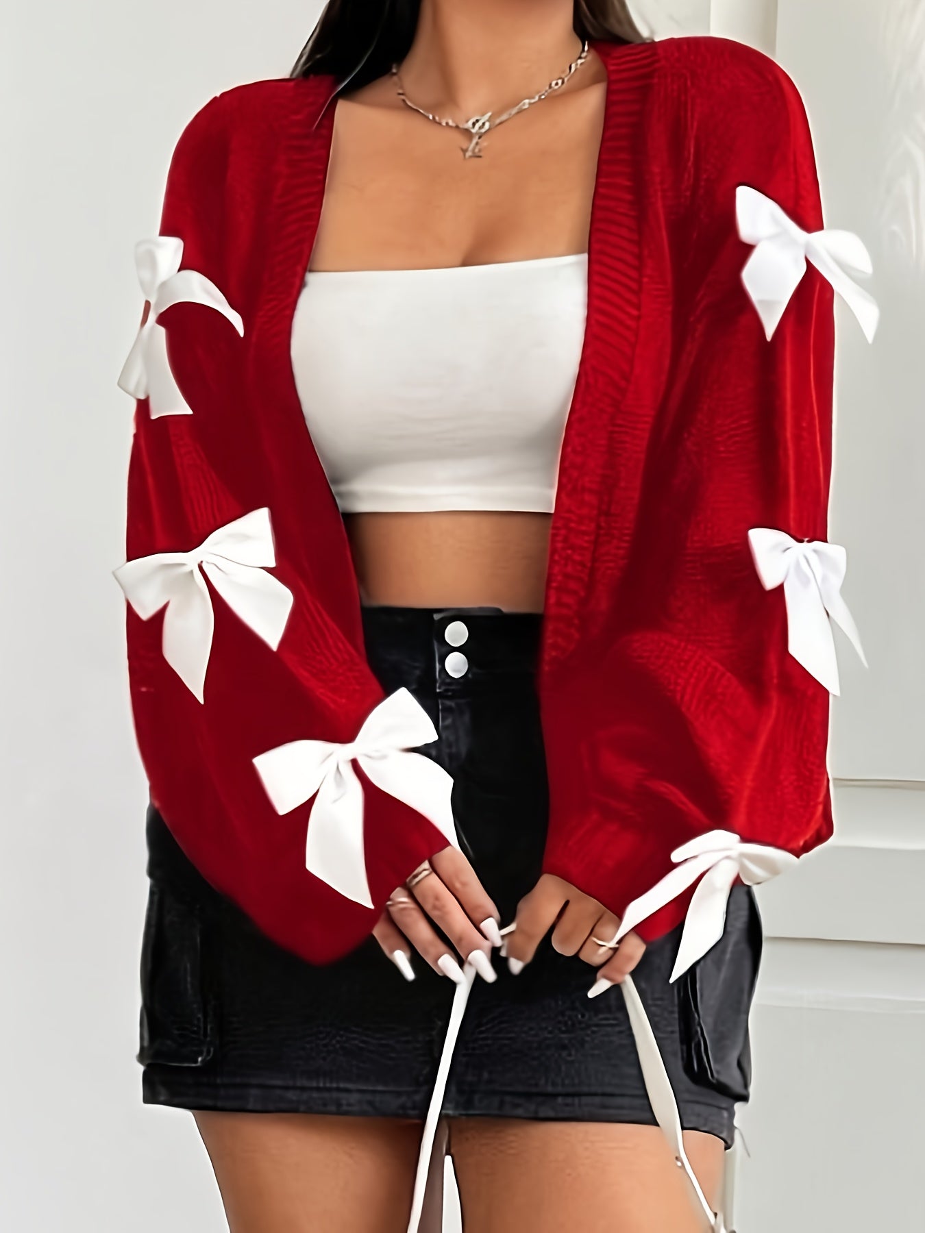Plus Size - Women'S Casual V-Neck Cardigan with Playful Bow Details - Red, Long Sleeve, Button-Up Front, Lightweight & Breathable for Spring/Fall, Perfect for Casual Attire or Vacation Style, Spring Outerwear | Vneck Design |