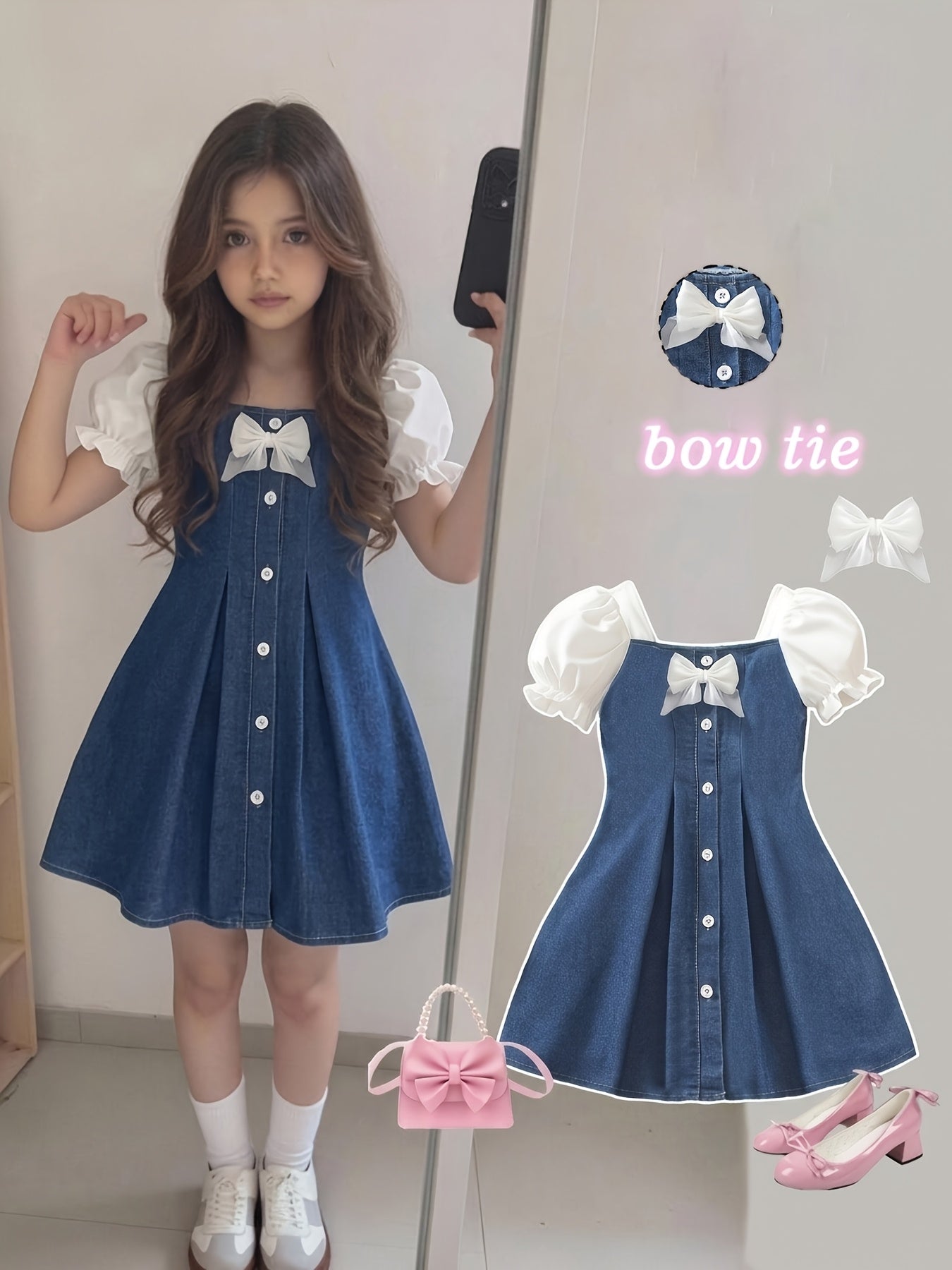 Girls' Casual Knee-Length Denim Dress with Bow & Square Neck