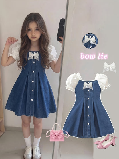 Girls' Casual Knee-Length Denim Dress with Bow & Square Neck
