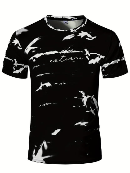 Men's High-Elasticity Anti-Tear Graffiti T-Shirt - Black  White Geometric Print, Tight-Fit Athletic Top for Gym, Running, Yoga  Casual Summer Wear, Gym Clothes, Highelastic Polyester, Short Sleeve Design