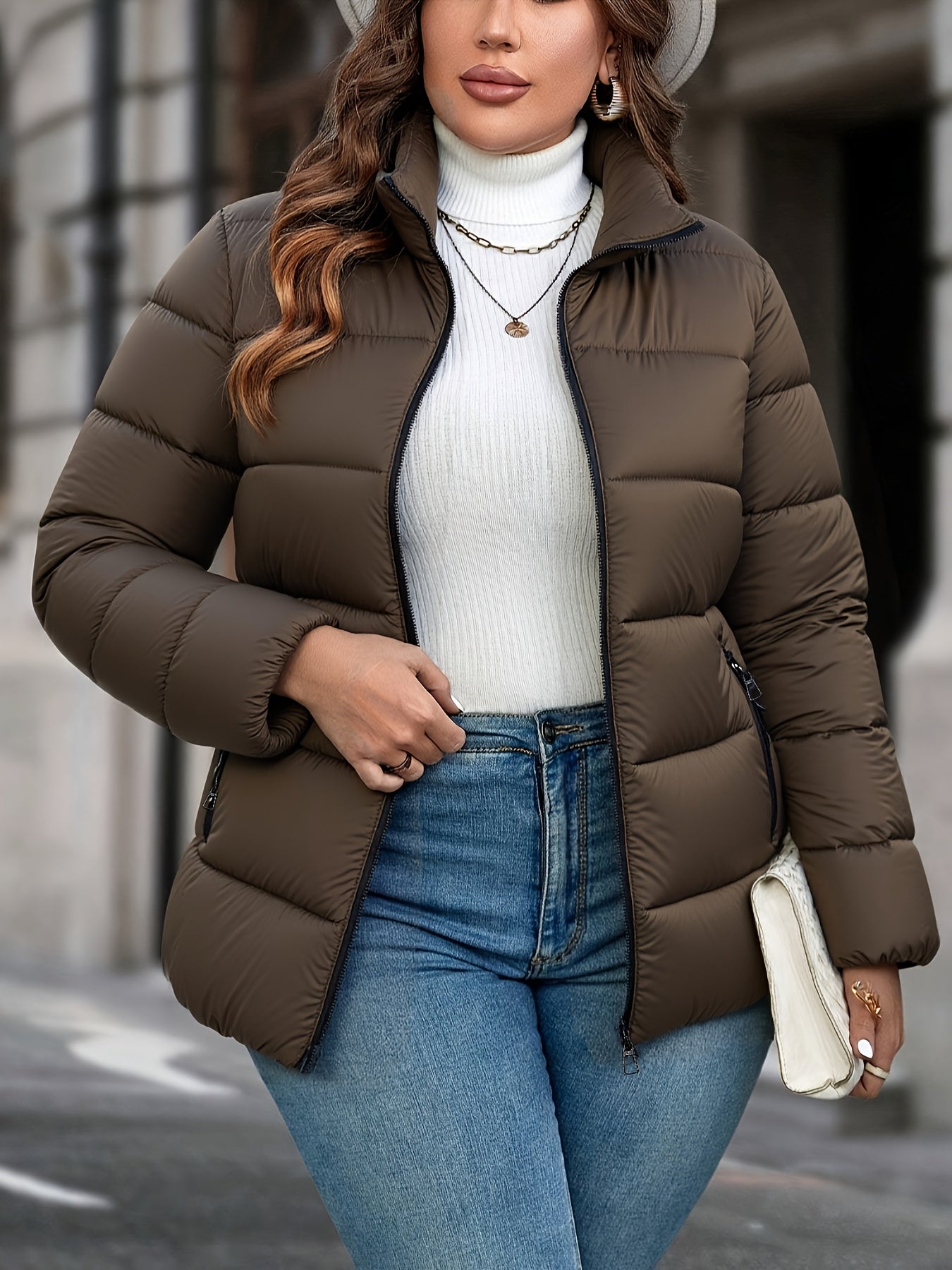Women'S Lightweight Winter Coat - Elegant Stand Collar Jacket, Non-Stretch Fabric, Zipper Closure, Long Sleeve Outerwear for Office, Party, Everyday - Fall/Winter Warmth, Chic Cold Weather Jacket for Women, Ladies Winter Coat