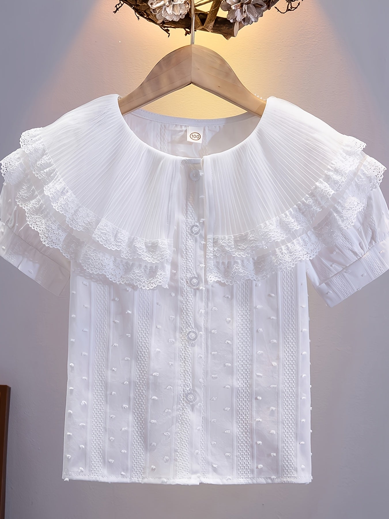 Girls' Summer Short Sleeve Shirt with Lace Collar, Preppy Style