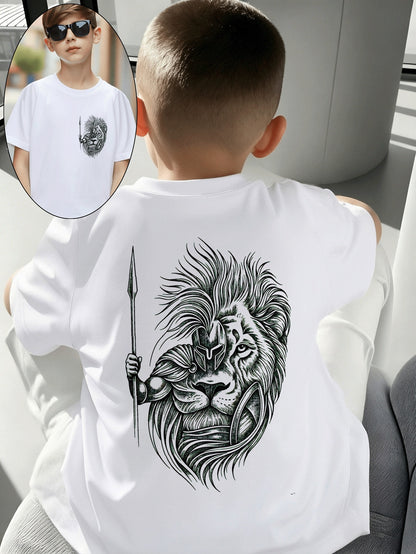 Boys' Cotton T-Shirt with Lion Warrior Print - Casual Summer Top