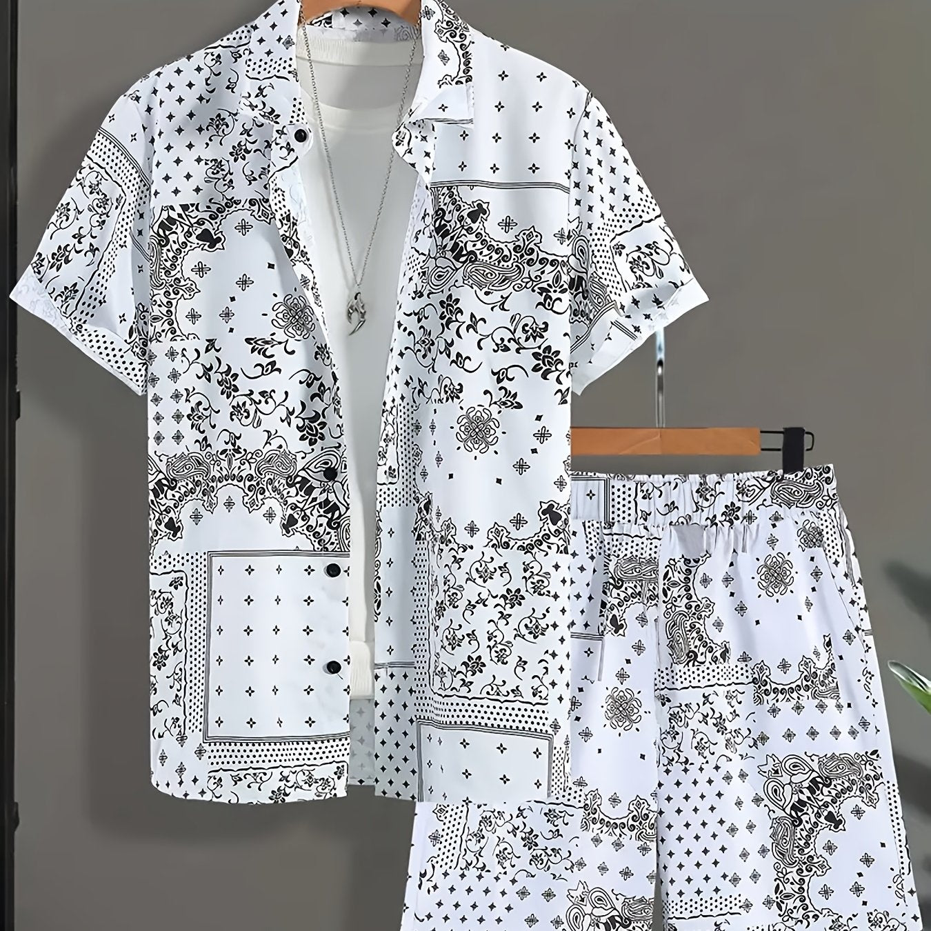 Men's Casual Suit Set with Short Sleeve Shirt and Printed Shorts