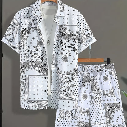 Men's Casual Suit Set with Short Sleeve Shirt and Printed Shorts