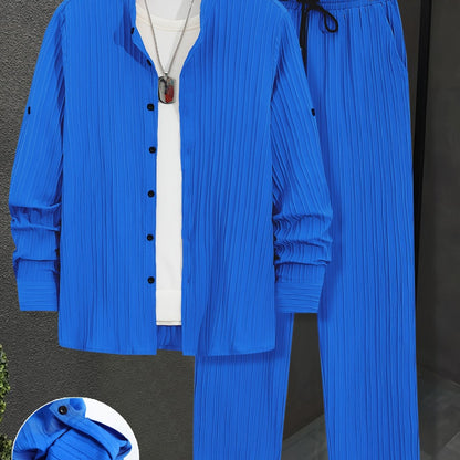 Men'S Two-Piece Set Featuring Textured Fabric, Versatile Long-Sleeve Shirt with Ear Loops, And Loose Drawstring Casual Pants.