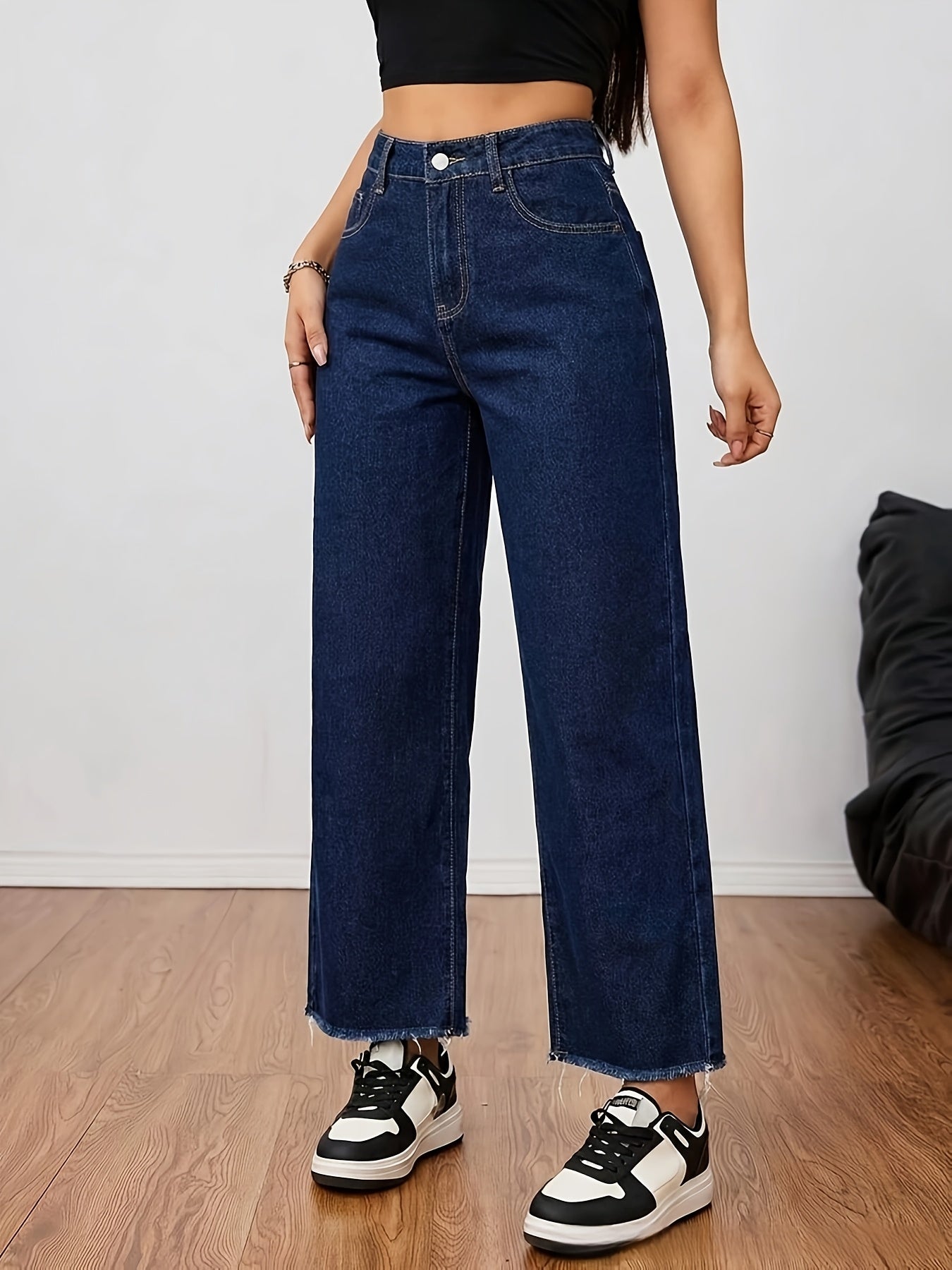 Women’s Stretch Dark Blue Washed Straight-Leg Denim Pants