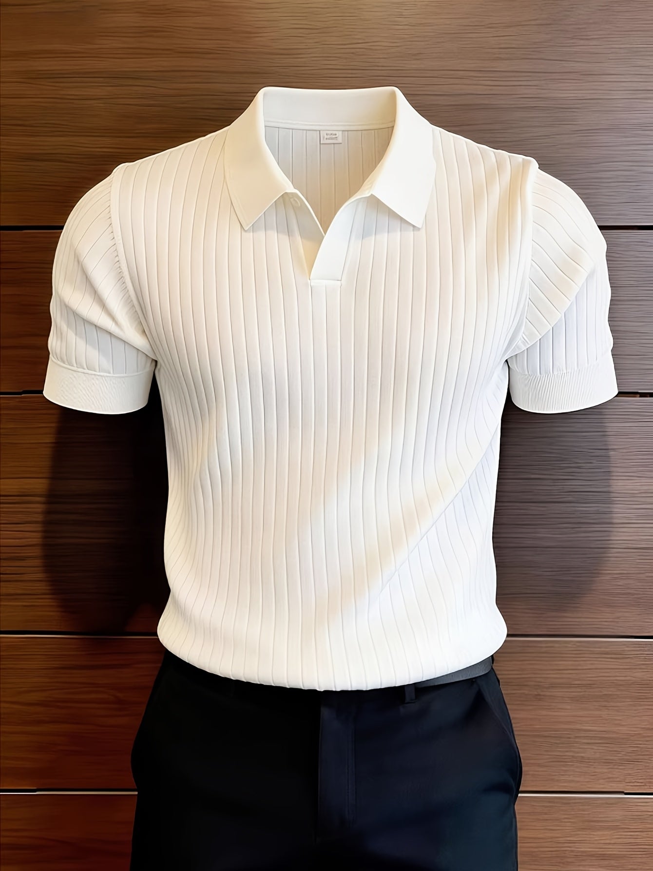 Men's Slim Fit Vertical Rib Knit Polo Shirt for Spring Summer