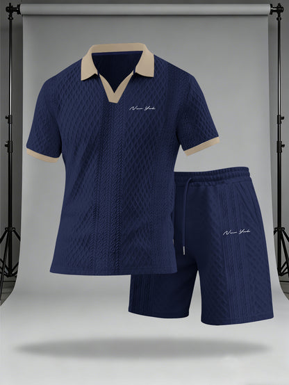 Men's Casual Summer Knitted Polo Set with Geometric Pattern