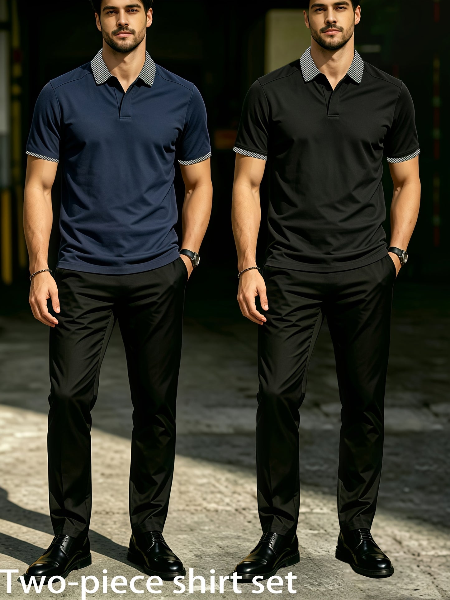 Men's Summer Plaid Collar Polo & Black Pants Casual Set