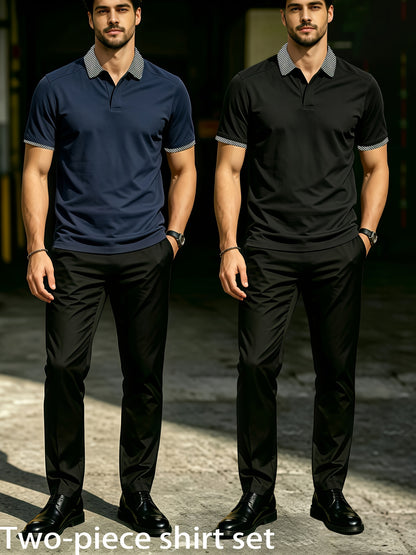 Men's Summer Plaid Collar Polo & Black Pants Casual Set