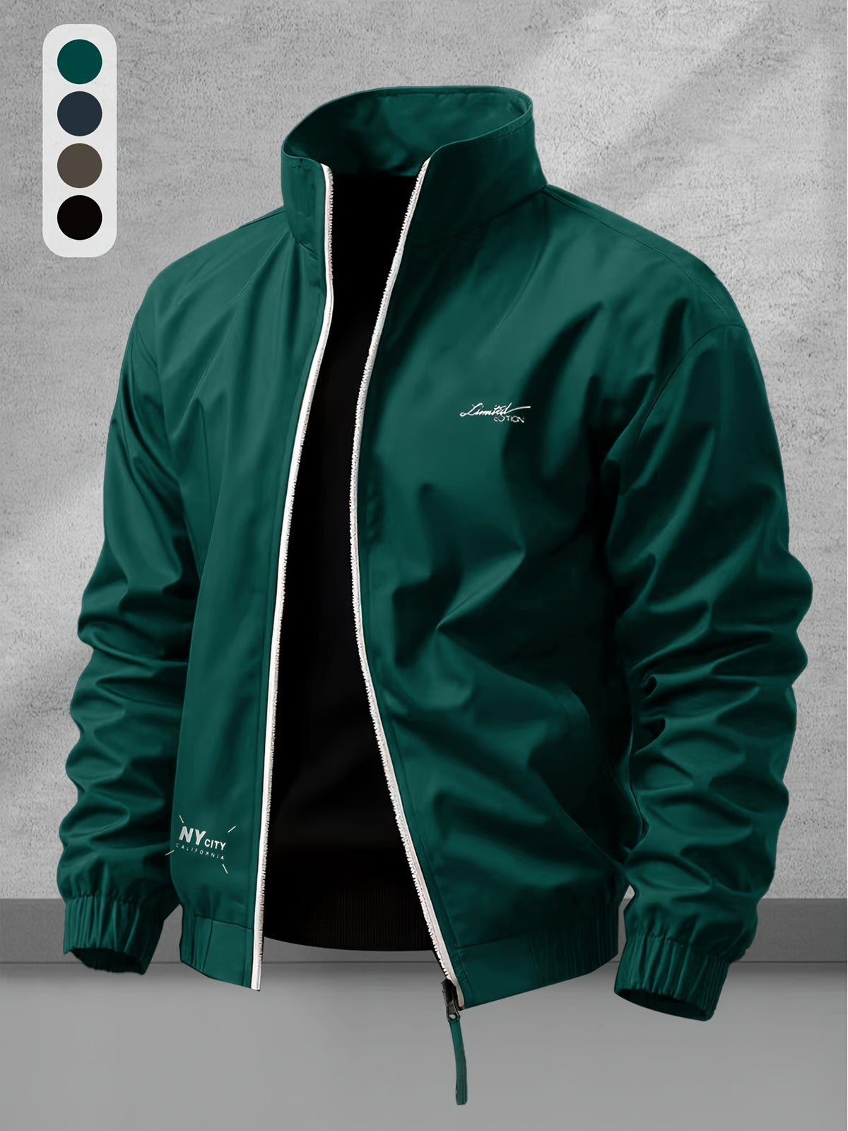 Men's Casual Polyester Jacket with Stand Collar and Zipper