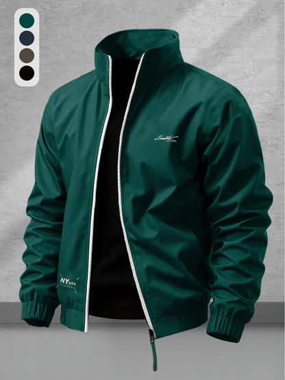 Men's Casual Polyester Jacket with Stand Collar and Zipper