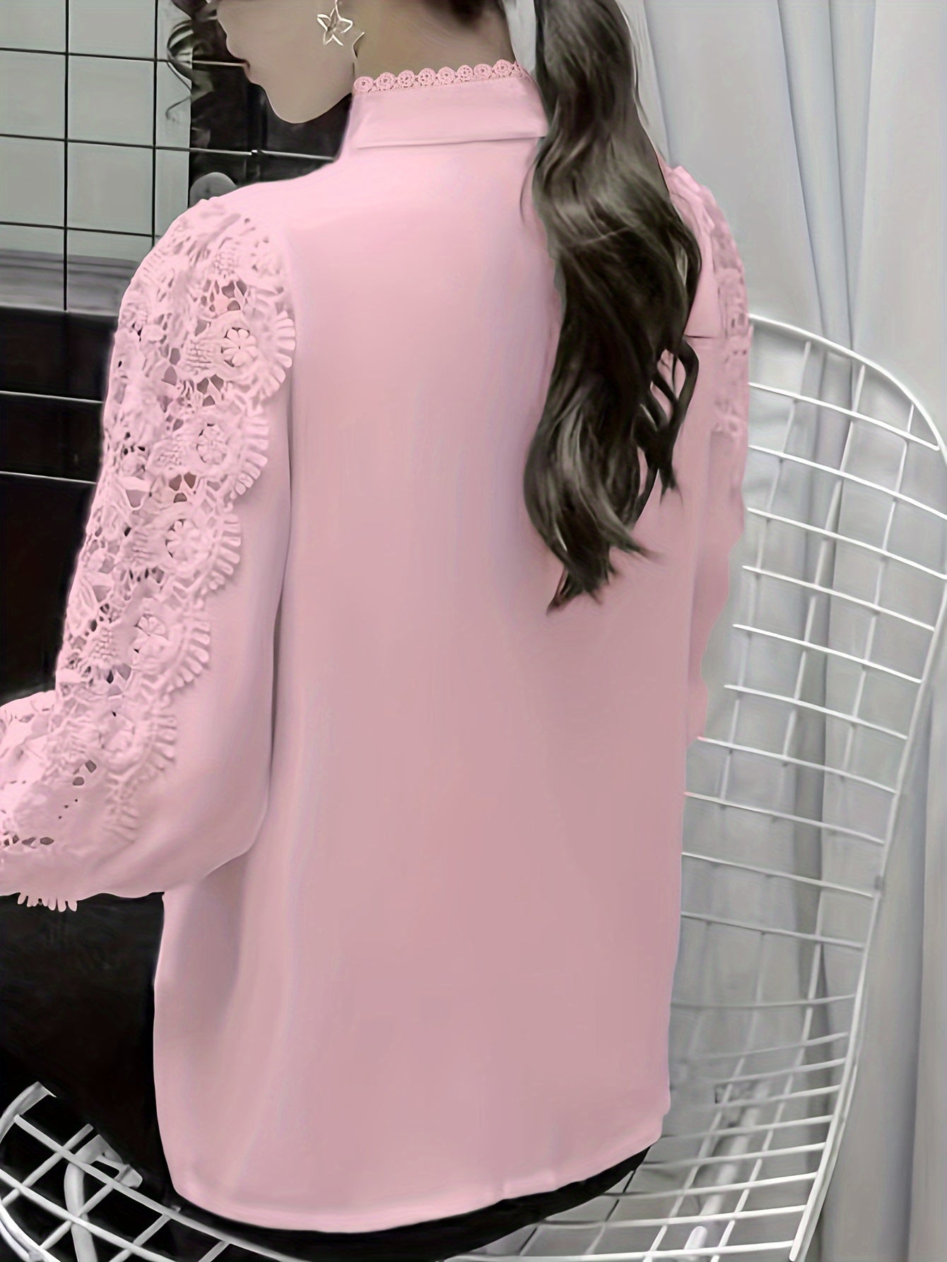 Solid Contrast Lace Blouse, Elegant Mandarin Collar Long Sleeve Blouse, Women's Clothing