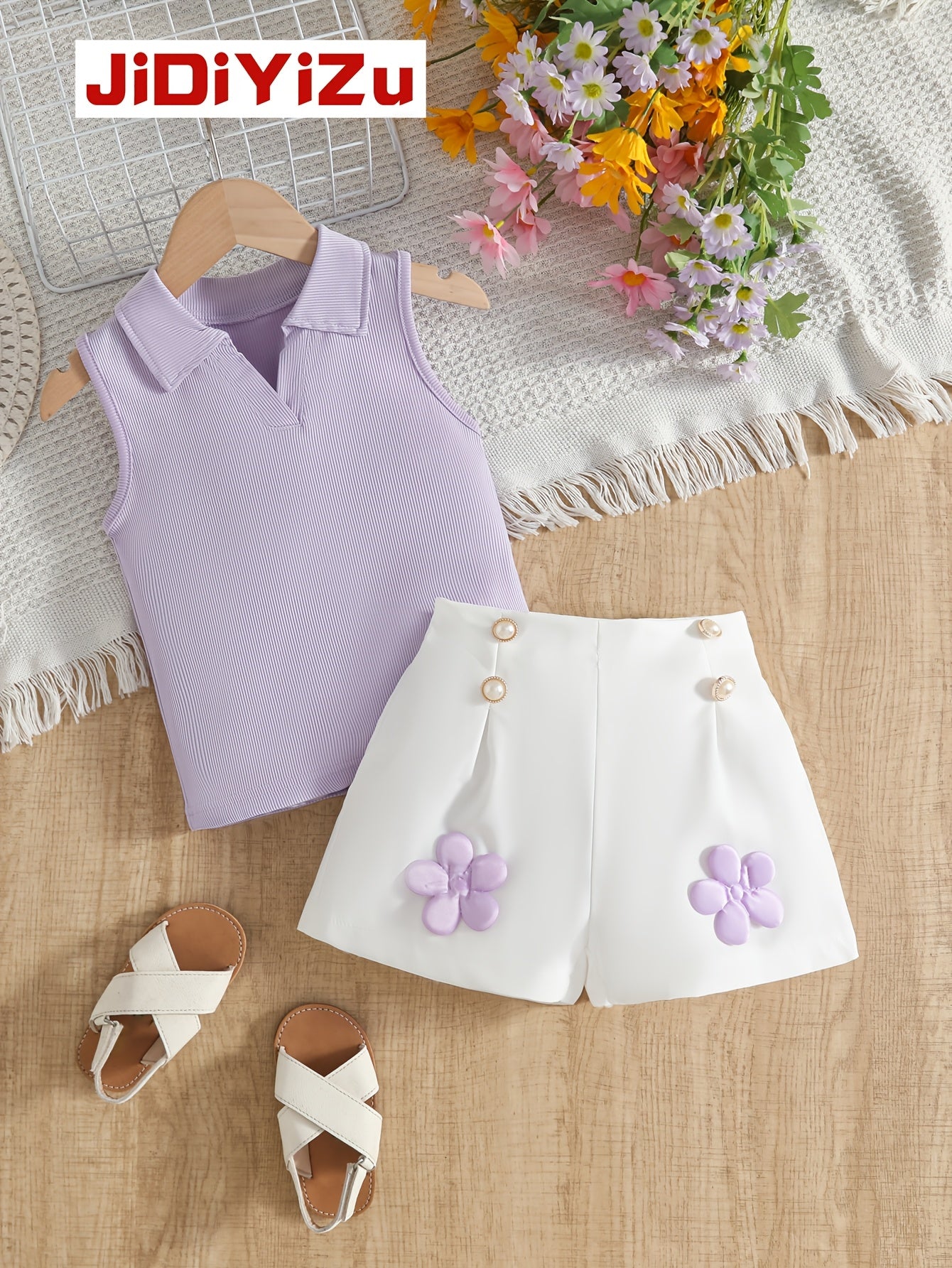 Girls' Sleeveless V-Neck Top & White Shorts Summer Set