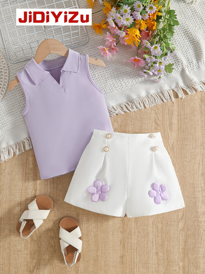 Girls' Sleeveless V-Neck Top & White Shorts Summer Set