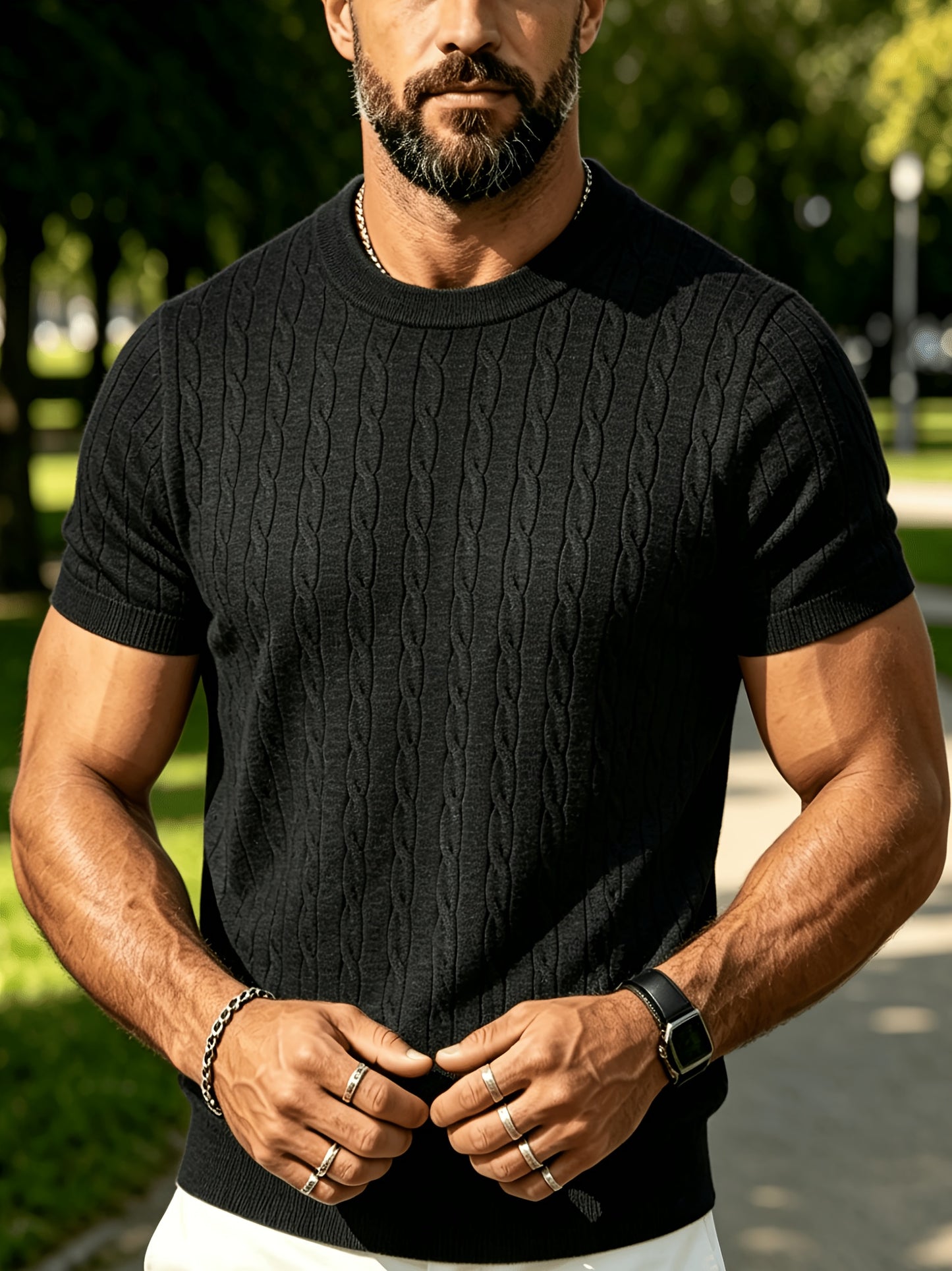Men's Summer Short Sleeve Knit Sweater Shirt - Vintage Cable Crew Neck