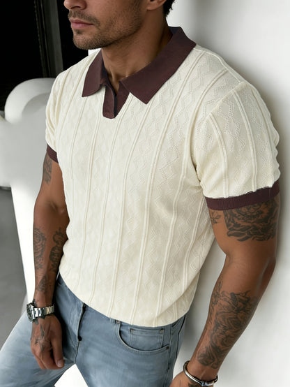 Men's Jacquard Knit Short Sleeve Polo with Contrast Collar